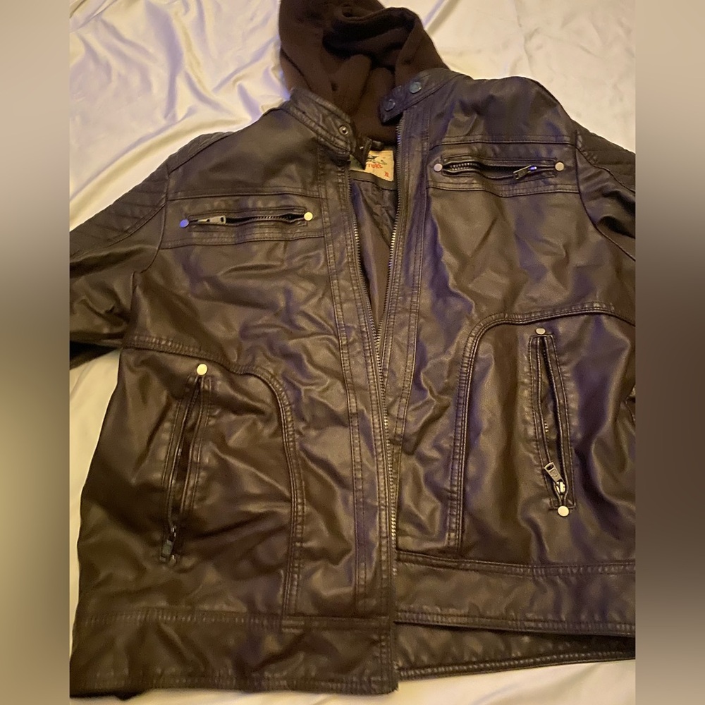 Men’s Brown American Culture Vegan Leather Jacket, Sweatshirt Hoodie Used